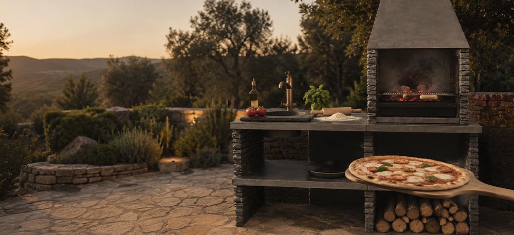 Cocinar una pizza en barbacoa de obra