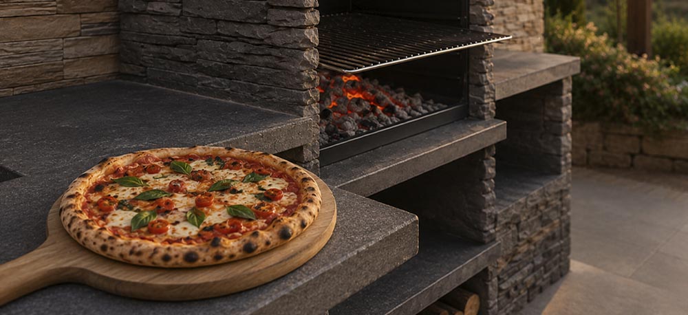 Pizza terminada en barbacoa de obra