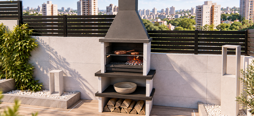 Controlar las brasas en barbacoa de obra elegant