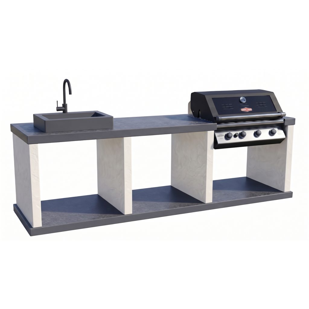 Cocina de exterior barbacoa de gas G03 blanca y gris con fregadero Cocina de exterior barbacoa de gas G03 blanca y gris con fregadero