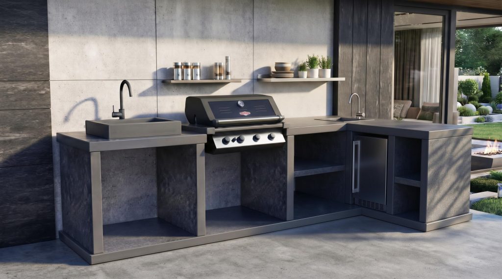 Cocina de exterior con puertas y fregaderos