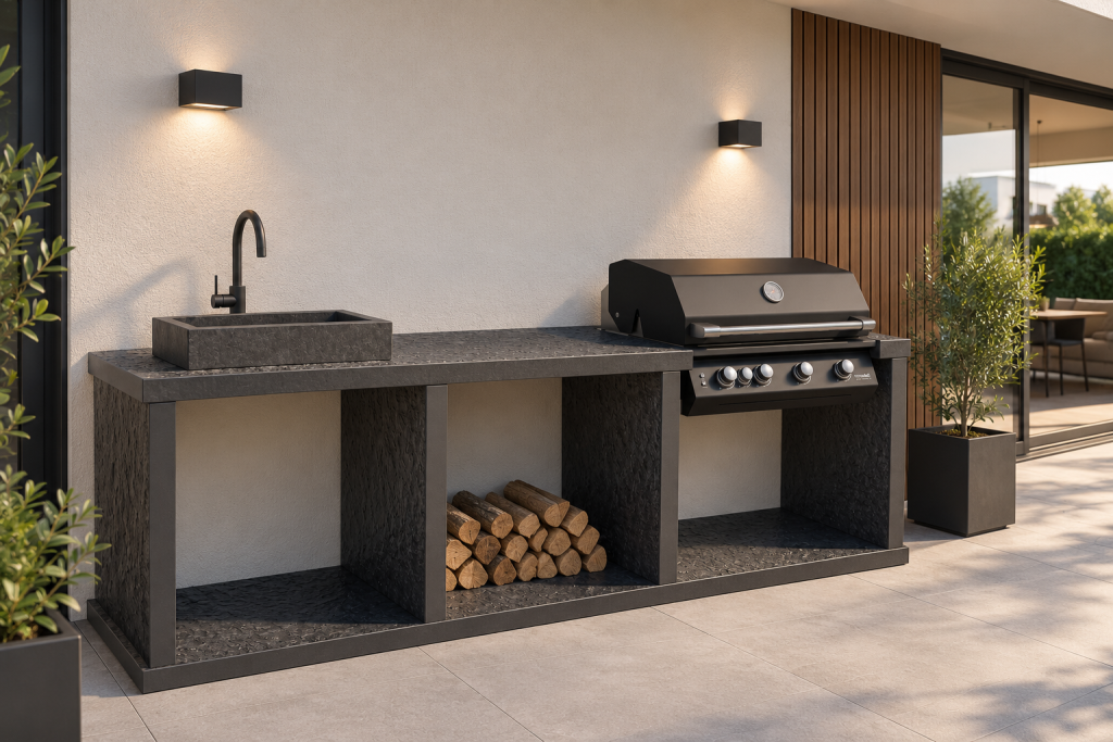 Cocina exterior moderna con parrilla y fregadero Cocina exterior moderna con parrilla y fregadero